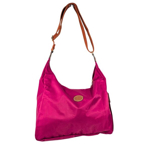 Longchamp Le Pilage Nylon Side Pocket Zip Hobo Crossbody Raspberry Purse - Picture 1 of 10
